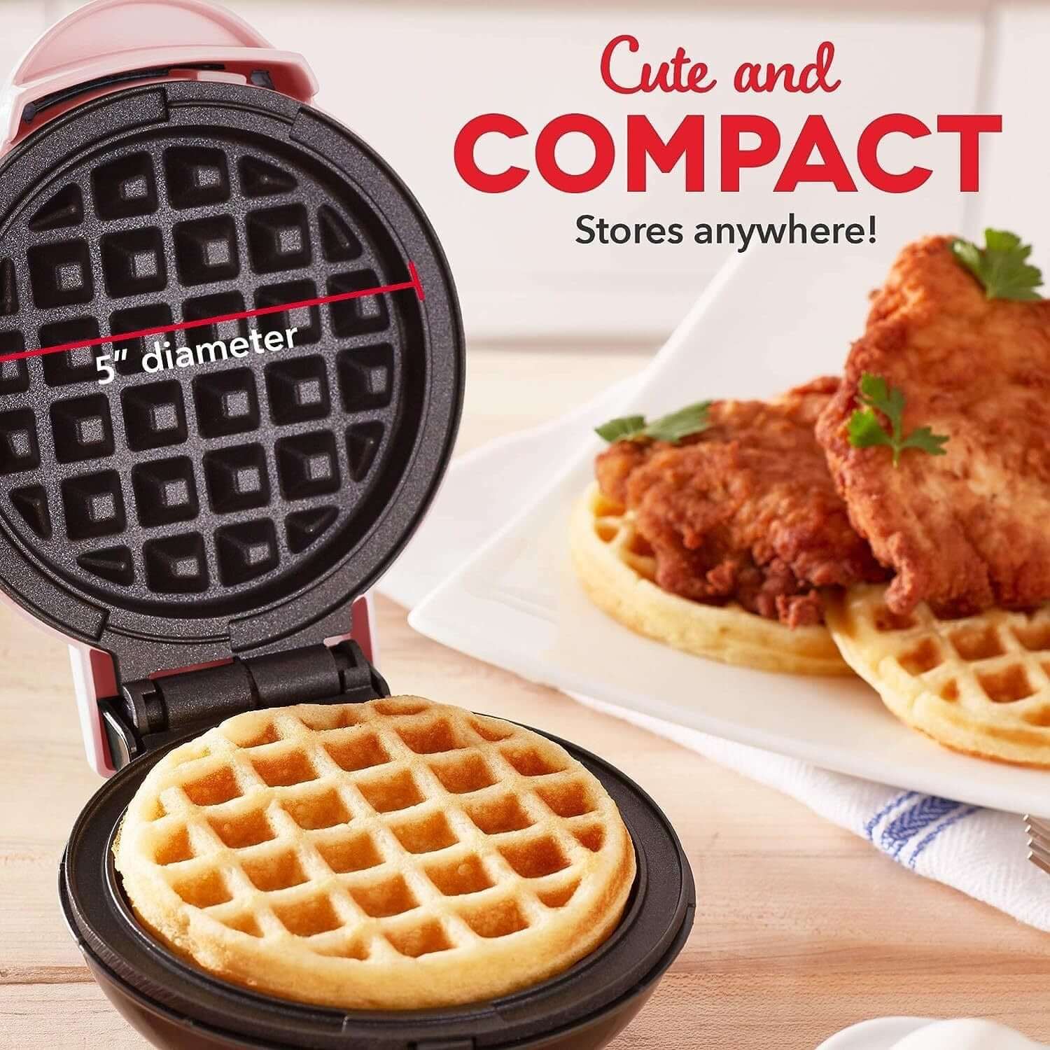 Compact waffle maker with 5-inch waffle, chicken and waffles on table, kitchen accessory