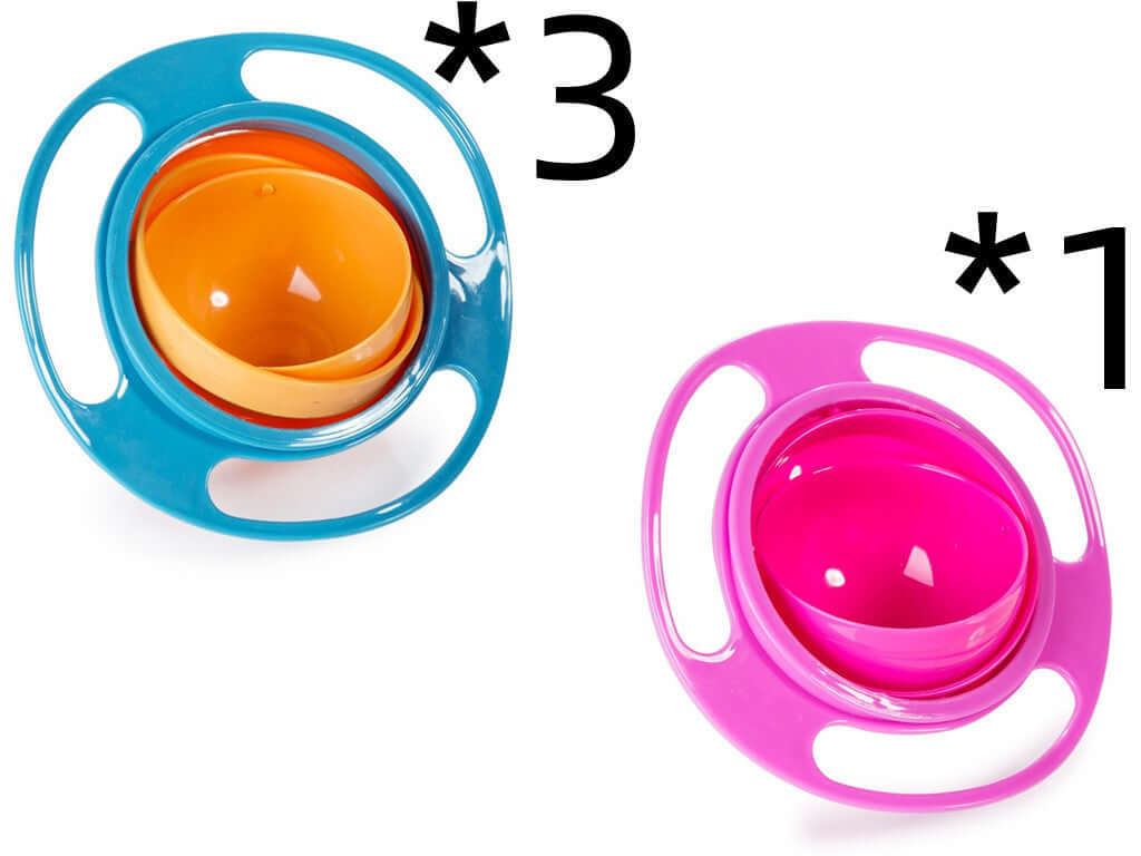 Colorful spill-proof gyro bowls for kids, blue with orange and pink with pink, kitchen accessory