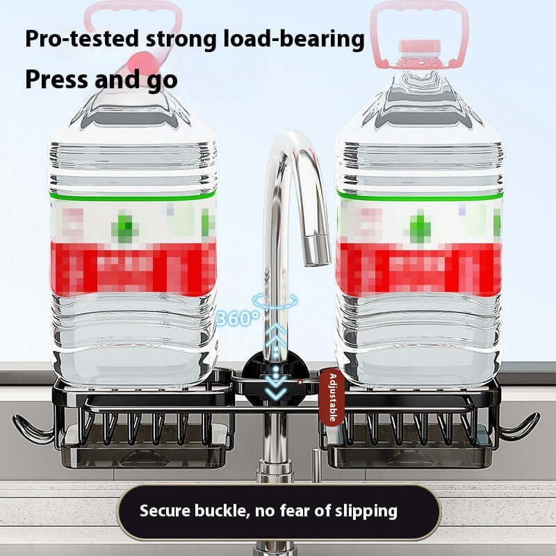 Adjustable kitchen sink rack with strong load-bearing bottles, secure buckle, and utensil hooks.