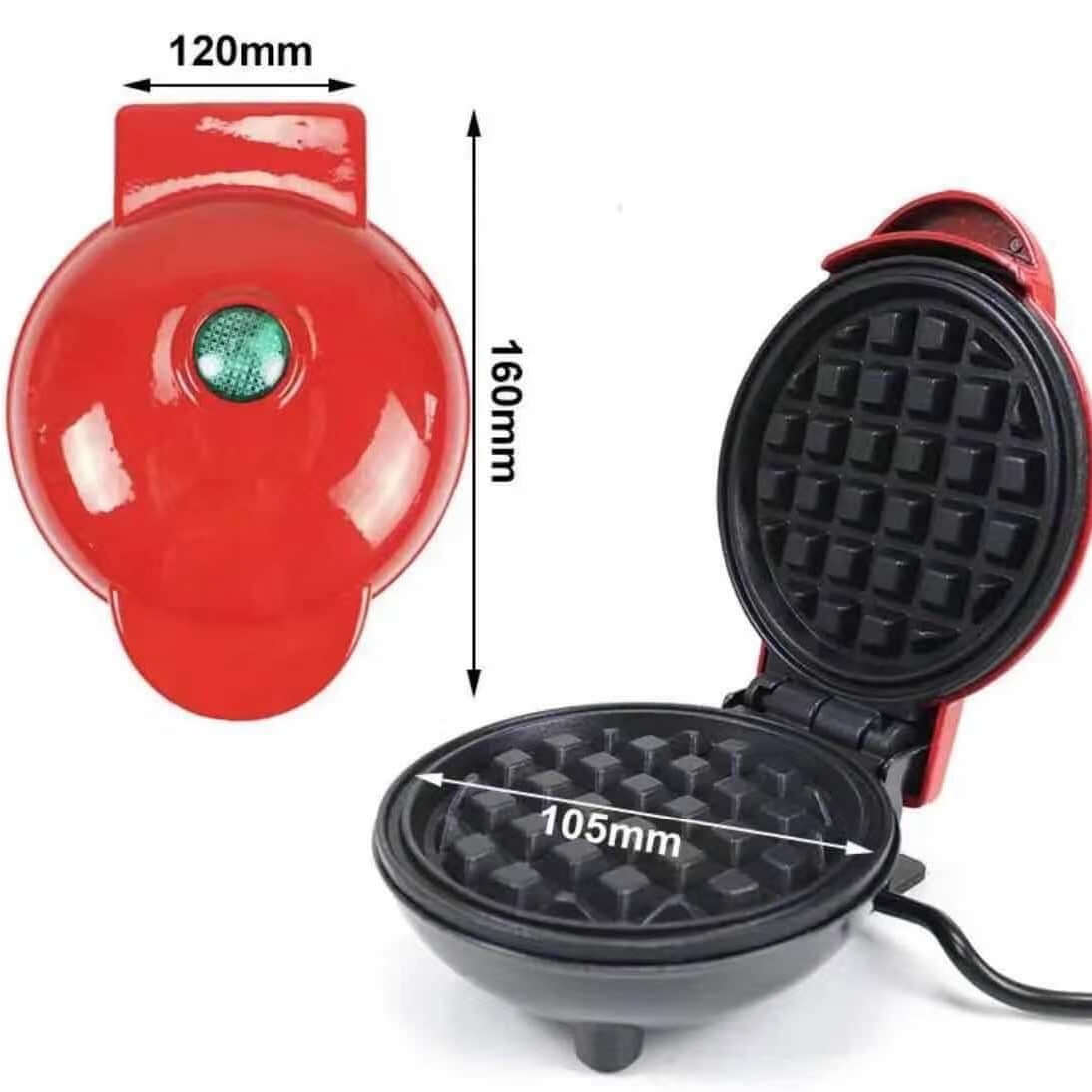 Compact red mini waffle maker with non-stick plates and measurement details shown