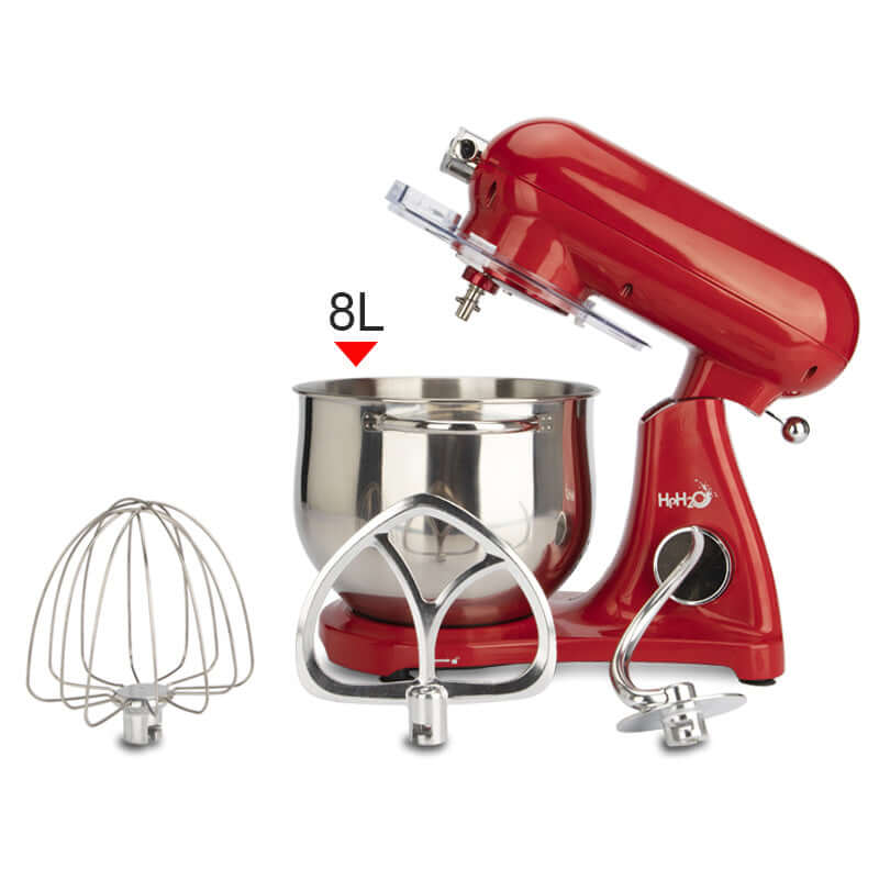 Red stand mixer with 8L stainless steel bowl and three dough, whisk, and beater attachments