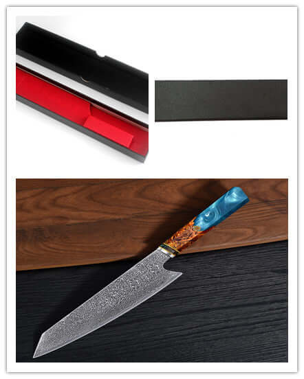 Damascus chef knife with blue resin handle and gift box, kitchen accessory