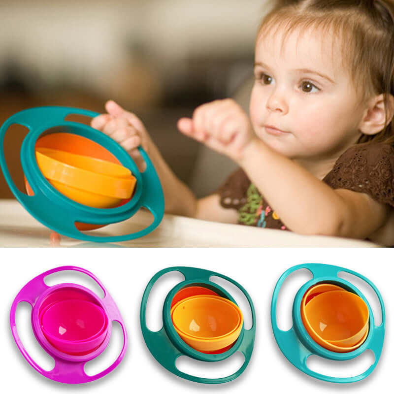 Toddler holding non-spill gyro bowl, colorful spill-proof snack containers for kids.