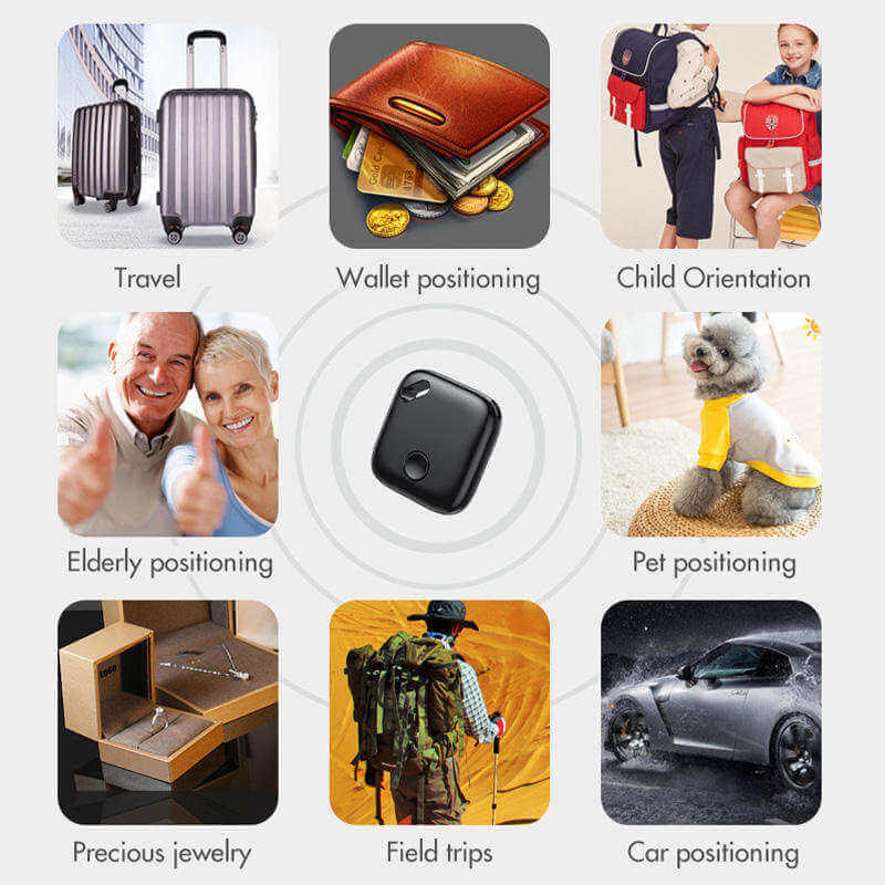 Black tracking device for luggage, wallet, kids, pets, elderly, valuables, travel, cars