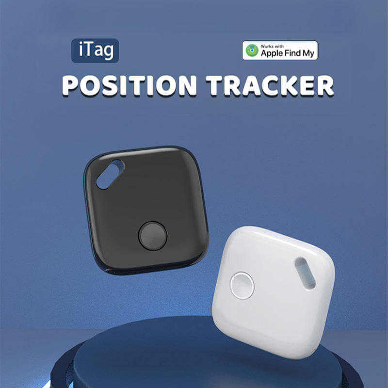Black and white iTag position trackers compatible with Apple Find My on a blue background.