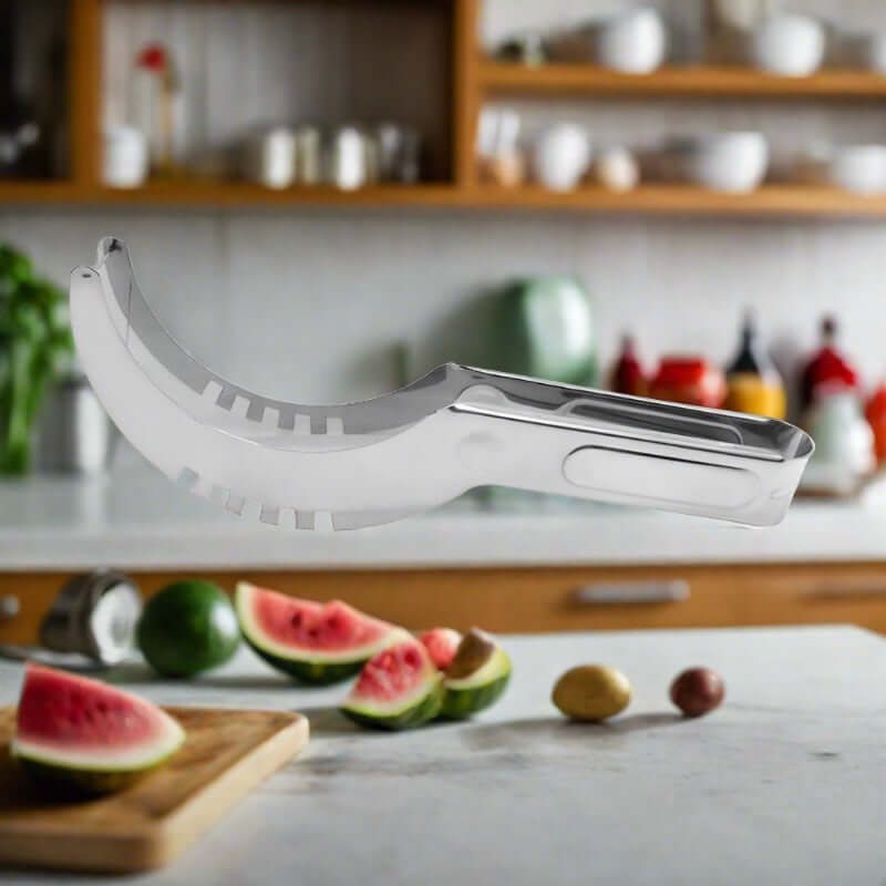 Stainless steel watermelon slicer kitchen tool with curved blade on countertop near sliced watermelon
