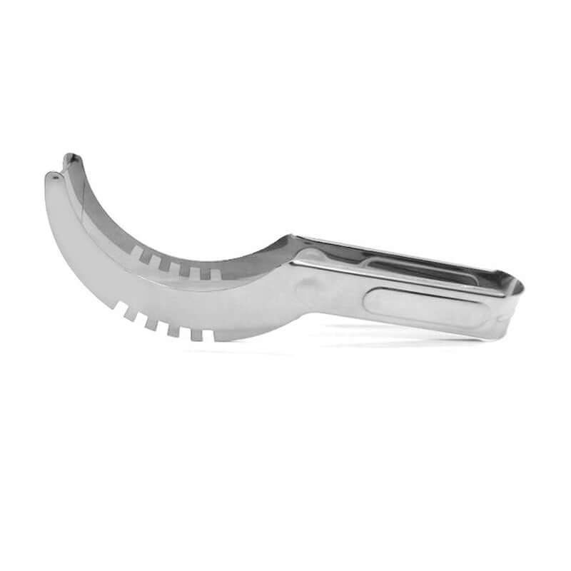 Stainless steel watermelon slicer with ergonomic handle and curved blade on white background