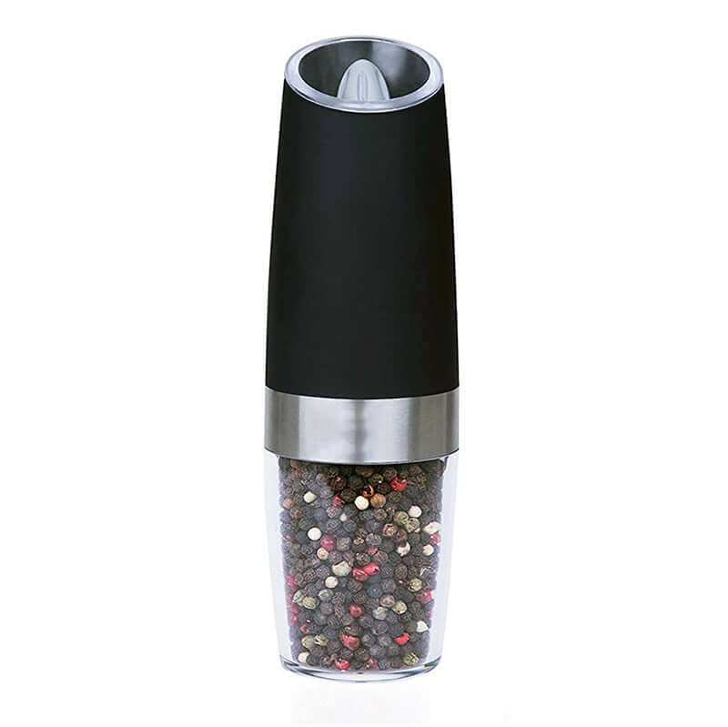 Black stainless steel electric pepper grinder filled with mixed peppercorns