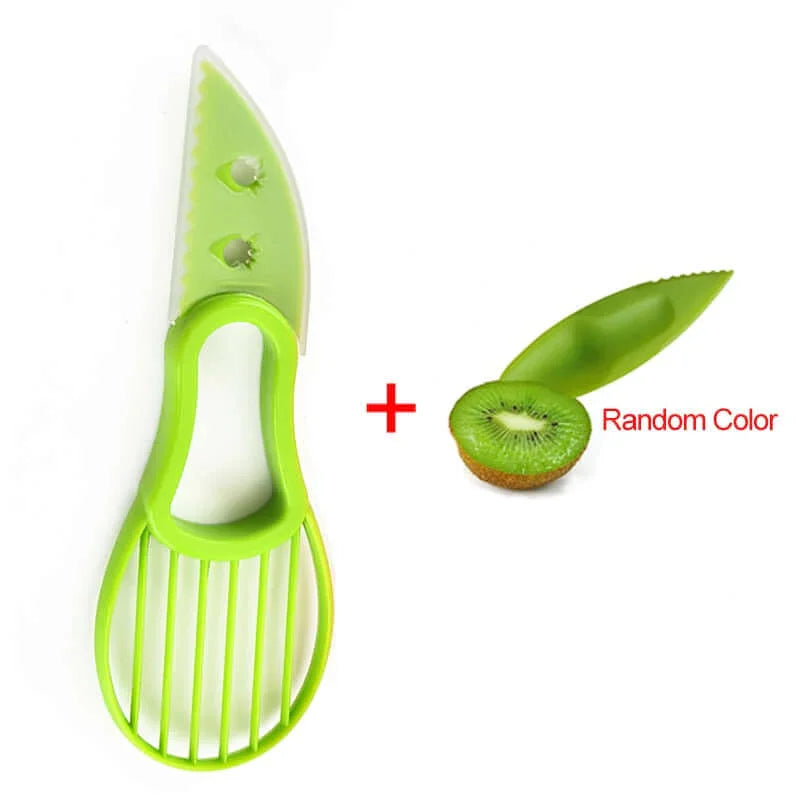 Green kiwi fruit slicer and peeler set, kitchen tool with serrated knife and cut kiwi.