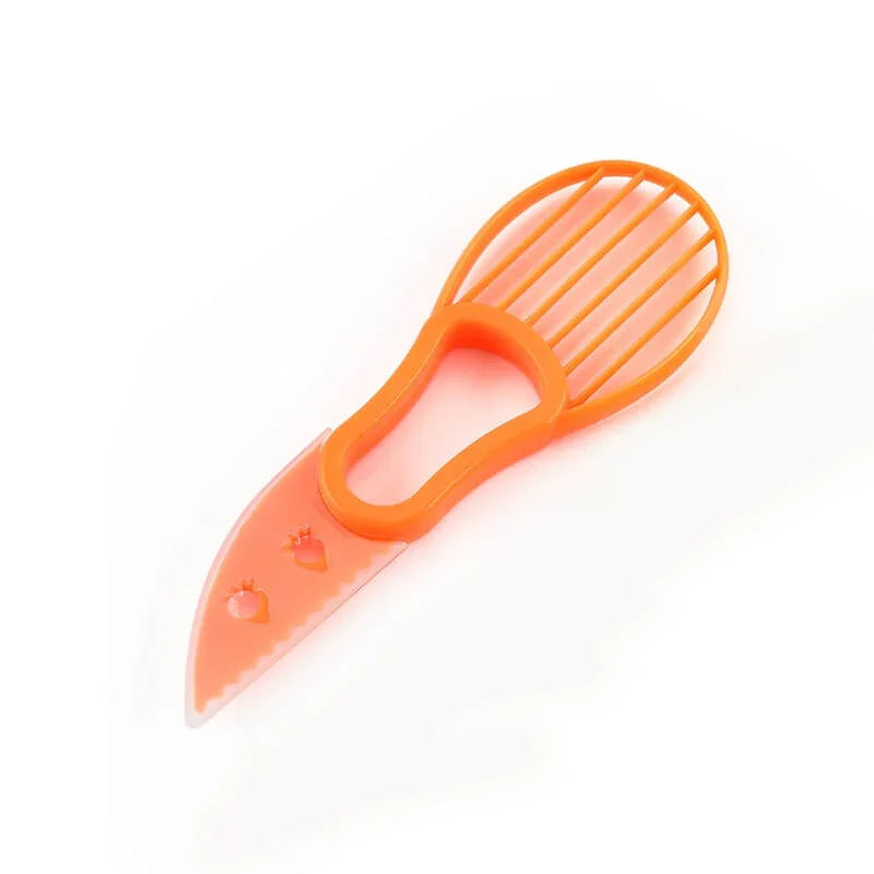 Orange plastic kitchen tool with slotted slicing end and serrated knife blade
