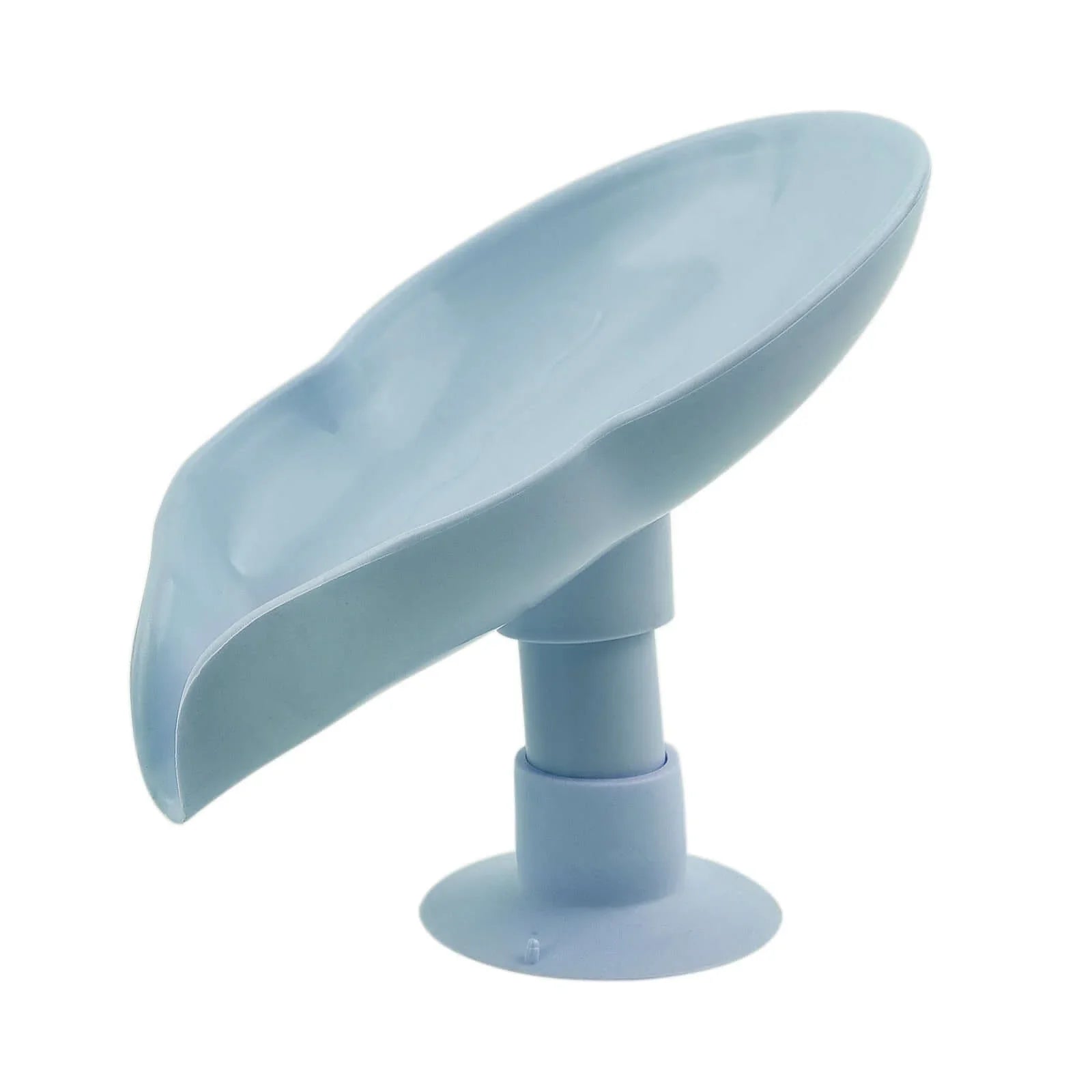 Light blue plastic kitchen sink soap holder with suction base, isolated on white background.