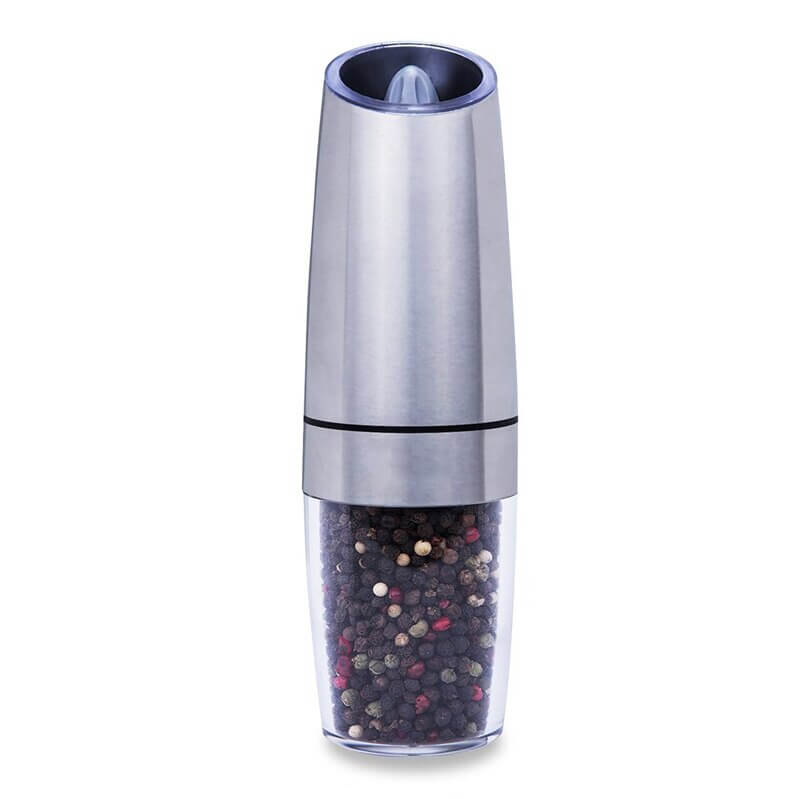 Stainless steel electric pepper grinder with clear container for whole peppercorns