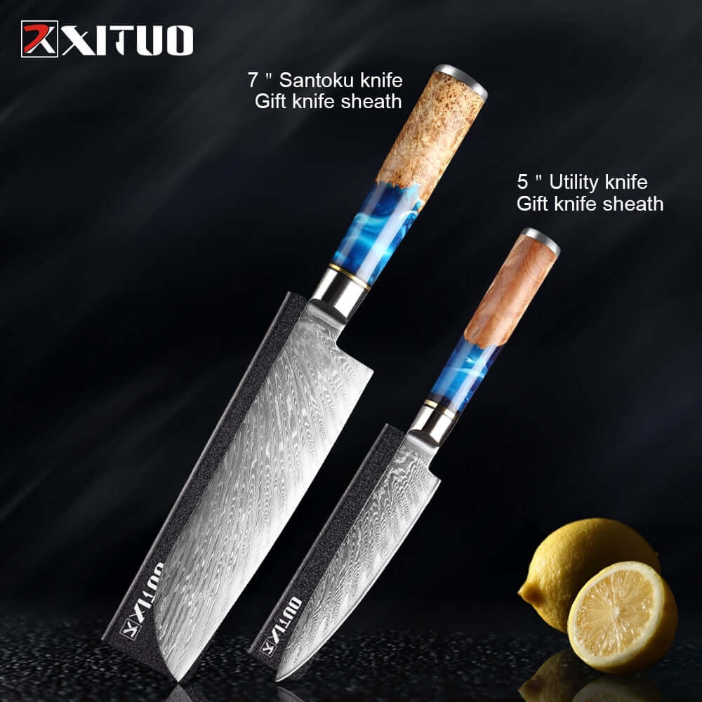 Santoku and utility kitchen knives with patterned blades and resin wood handles on black background, lemons nearby.