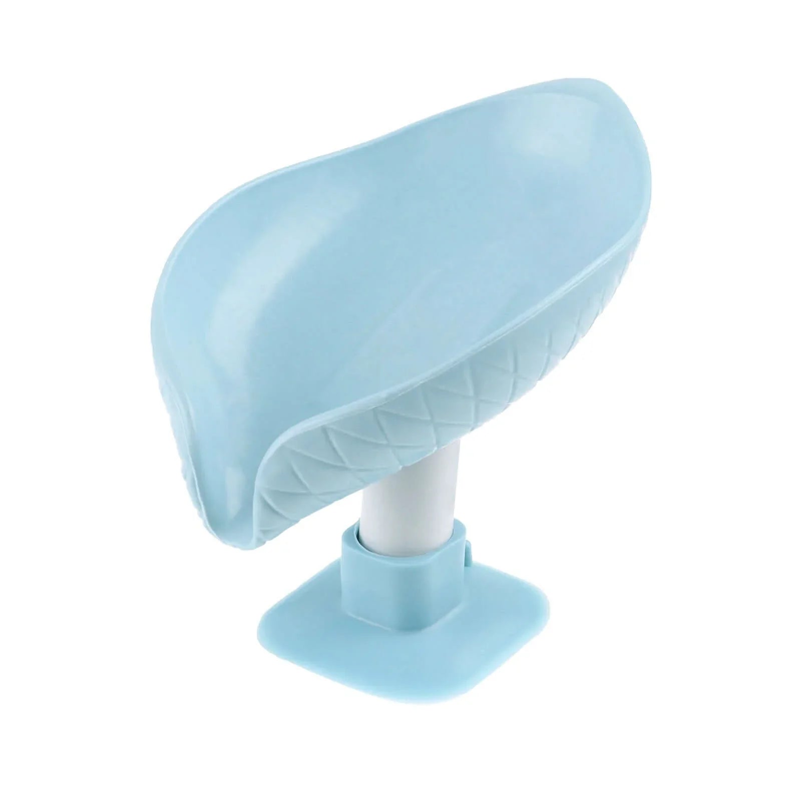 Light blue plastic sink drain shelf with diamond pattern, kitchen accessory.