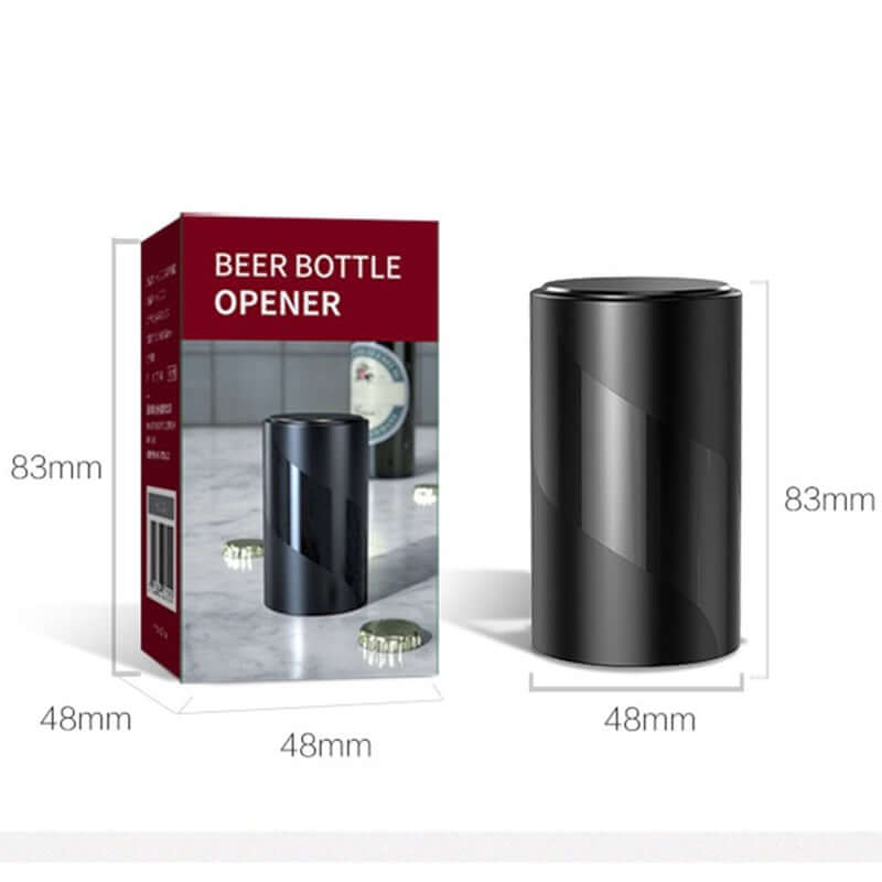 Black automatic beer bottle opener with box, 83mm height, 48mm diameter, kitchen accessory