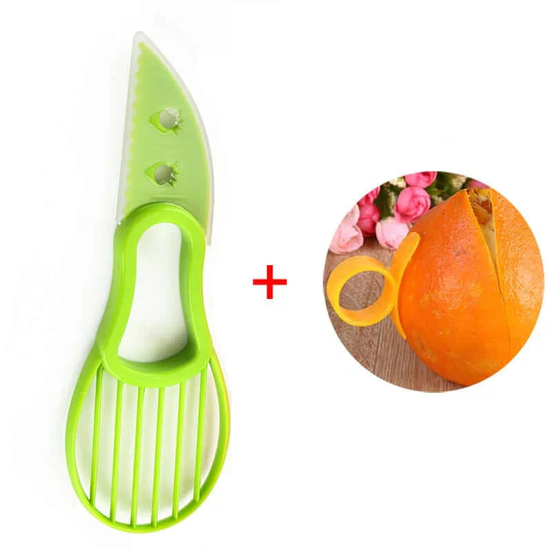 Kitchen fruit peeler and slicer set with green plastic handle and orange peeler ring