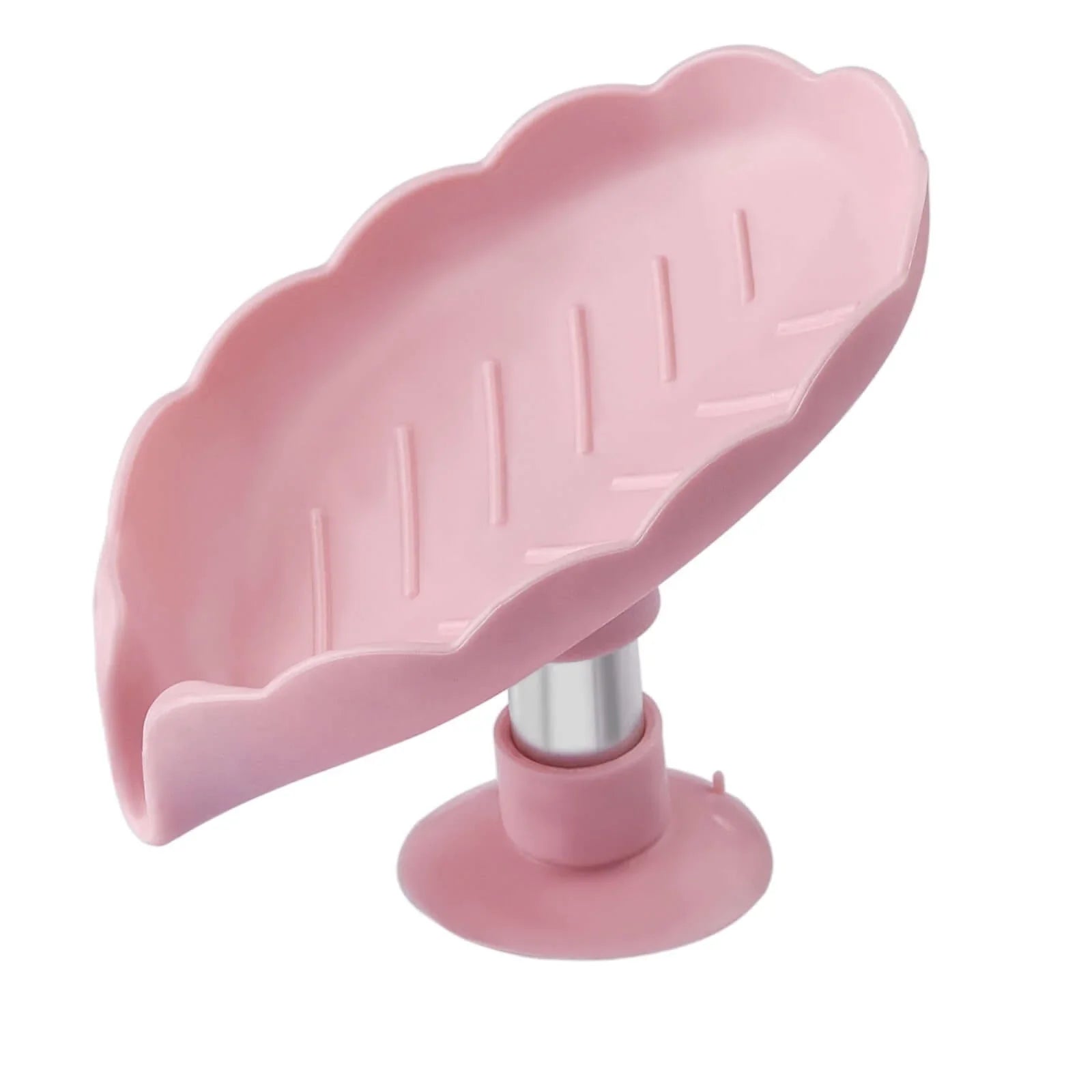 Pink leaf-shaped soap dish with suction cup for kitchen or bathroom sink