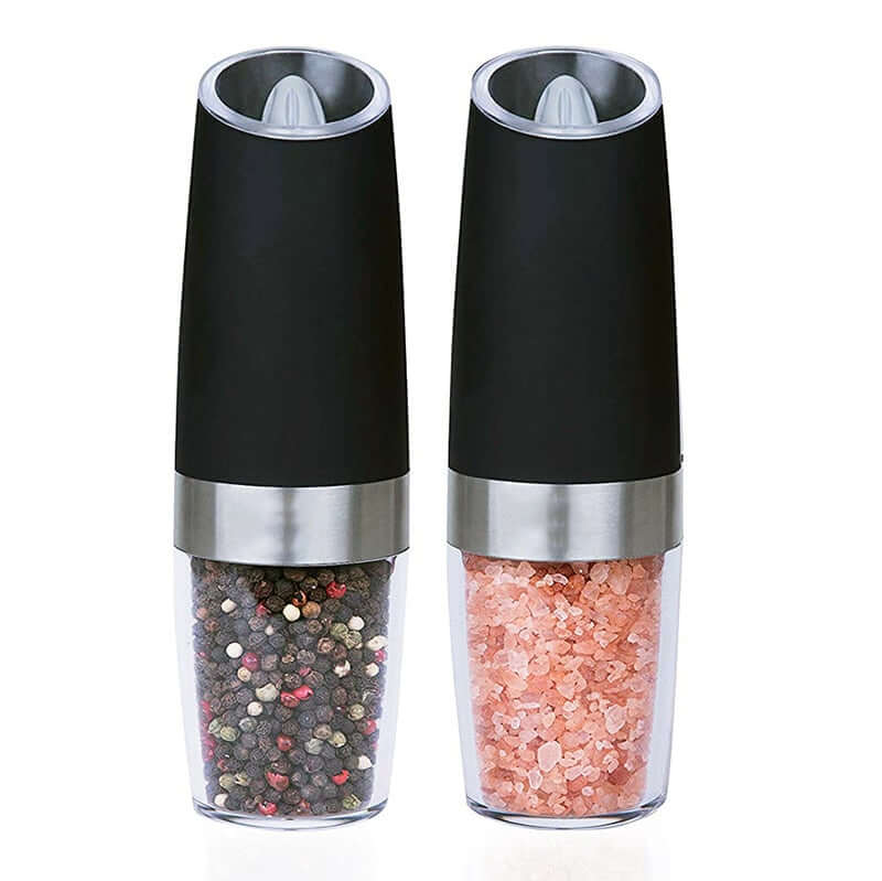 Electric salt and pepper grinders with stainless steel and black design for kitchen use