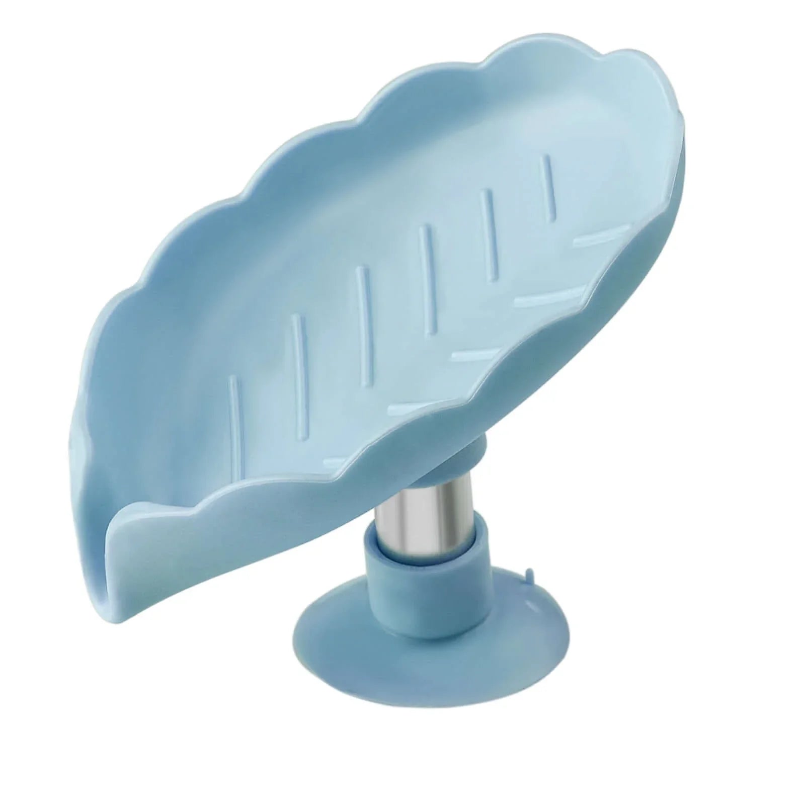 Blue leaf-shaped kitchen sink soap holder with suction base and drain slots