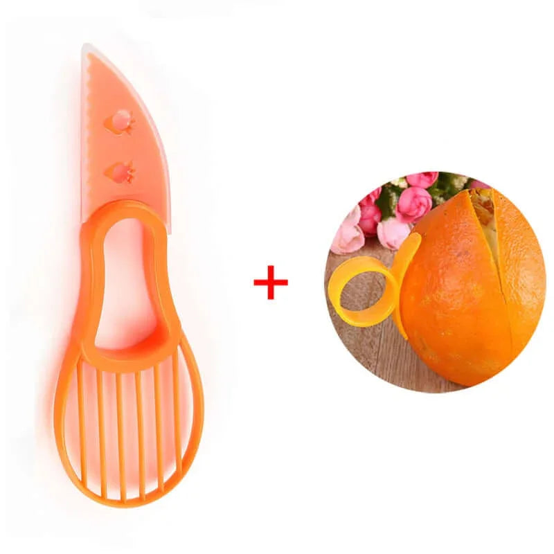 Orange plastic citrus peeler and slicer kitchen tool set for easy fruit preparation