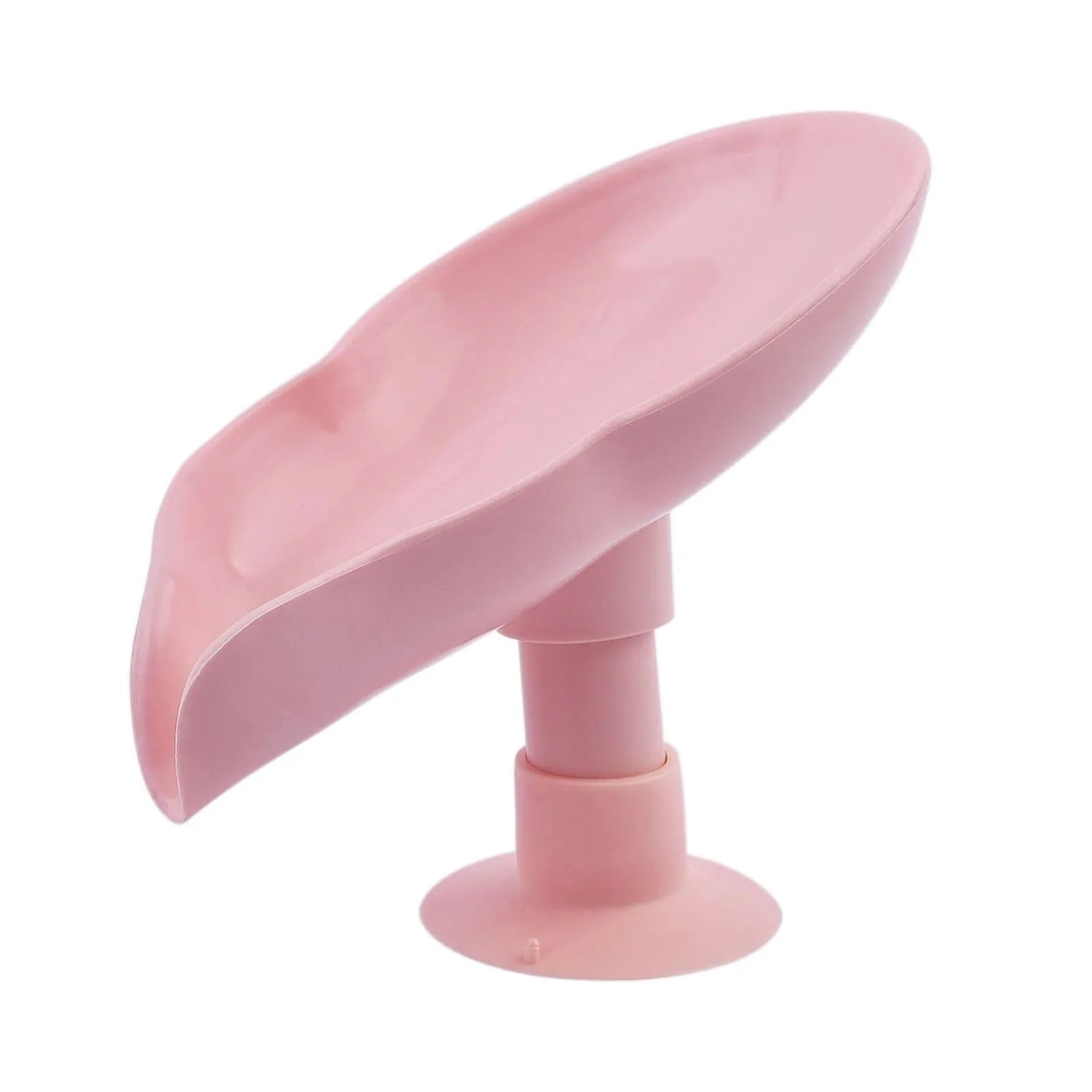 Pink plastic kitchen sink drain rack with adjustable suction base on white background