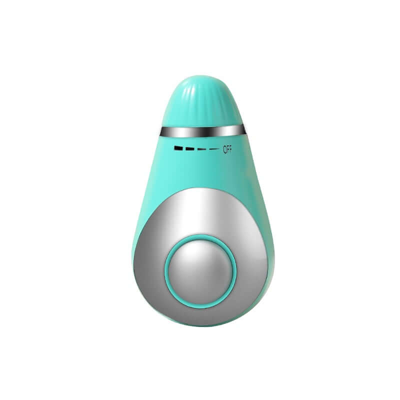 Aqua blue and silver handheld kitchen timer with dial and off switch, isolated on white