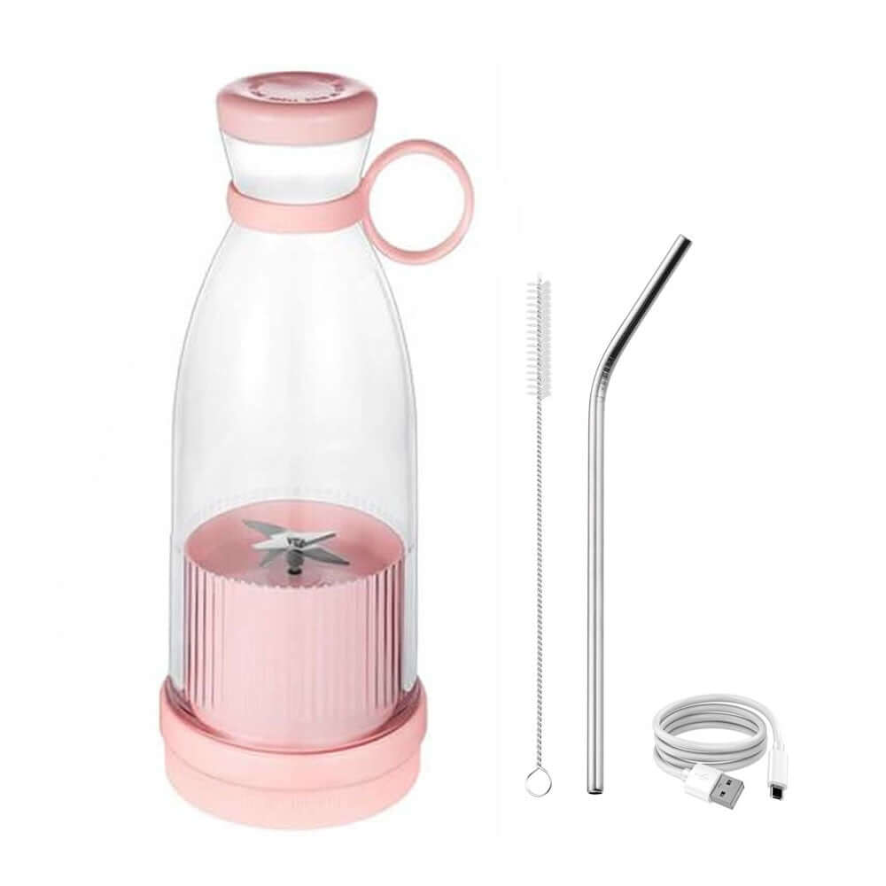 Portable pink blender bottle set with metal straw, cleaning brush, and USB charging cable.