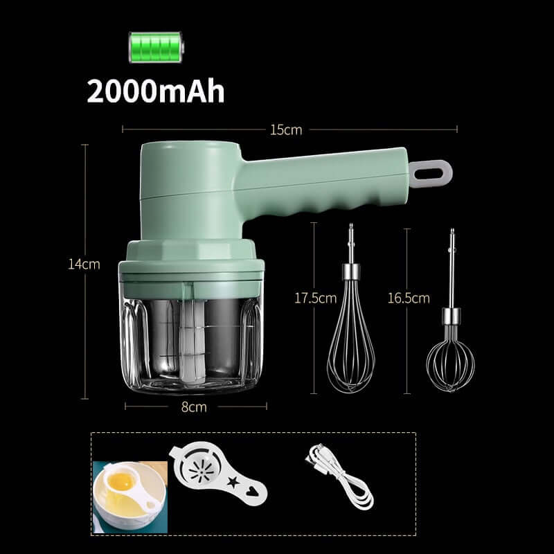 Rechargeable handheld electric kitchen mixer with glass bowl, stainless whisks, USB cable, and egg separator, featuring 2000mAh battery and product dimensions.