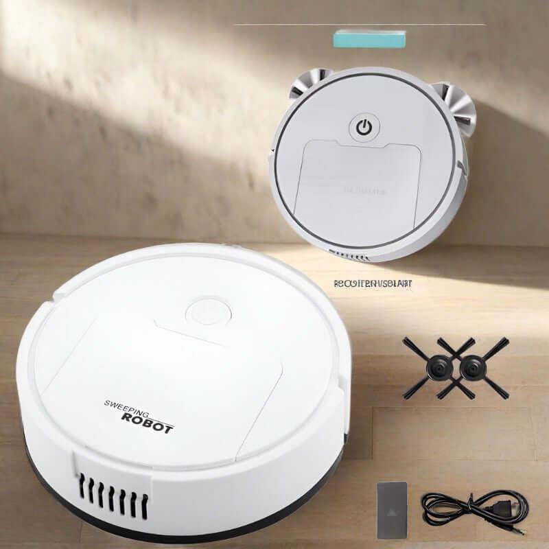 White robotic vacuum cleaner with accessories on wooden floor, kitchen cleaning device