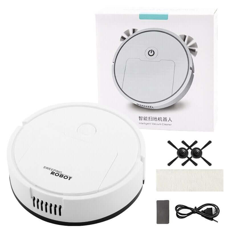 White robot vacuum cleaner with accessories and packaging, smart home cleaning device