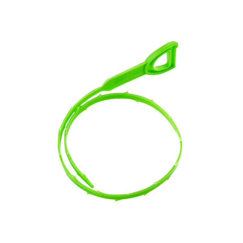 Green flexible kitchen drain cleaning tool with barbed edge for removing clogs