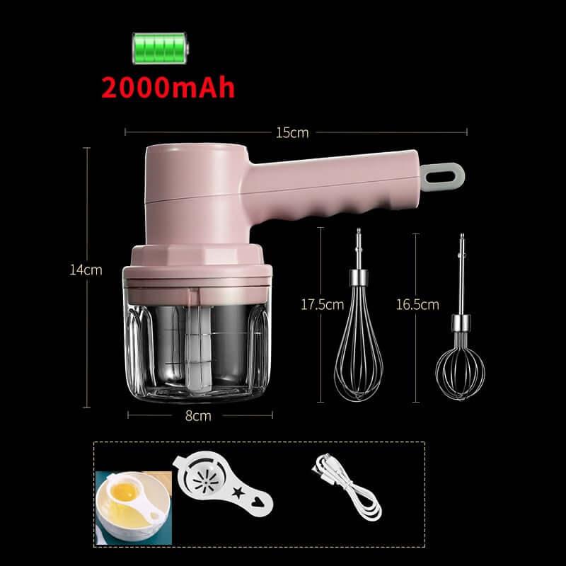 Cordless electric hand mixer with glass bowl, whisks, USB cable, and egg separator.