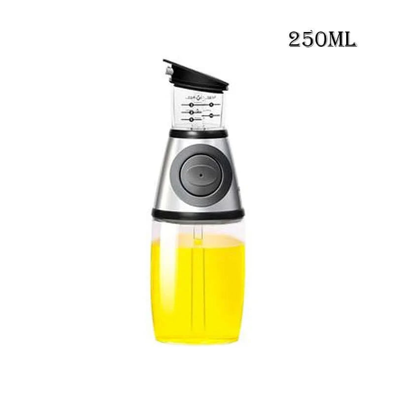 250ml oil dispenser bottle with measuring cup and pour spout, filled with yellow liquid