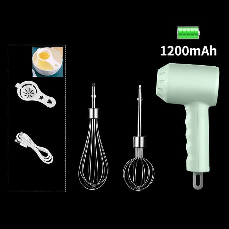 Cordless electric hand mixer set with whisks, egg separator, USB cable, 1200mAh battery