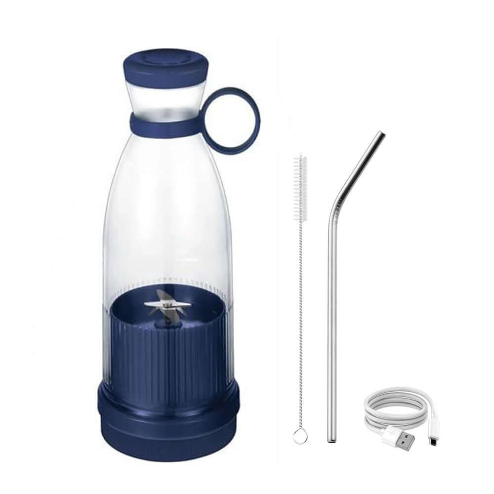 Portable electric blender bottle with navy lid, straw, cleaning brush, and USB charging cable