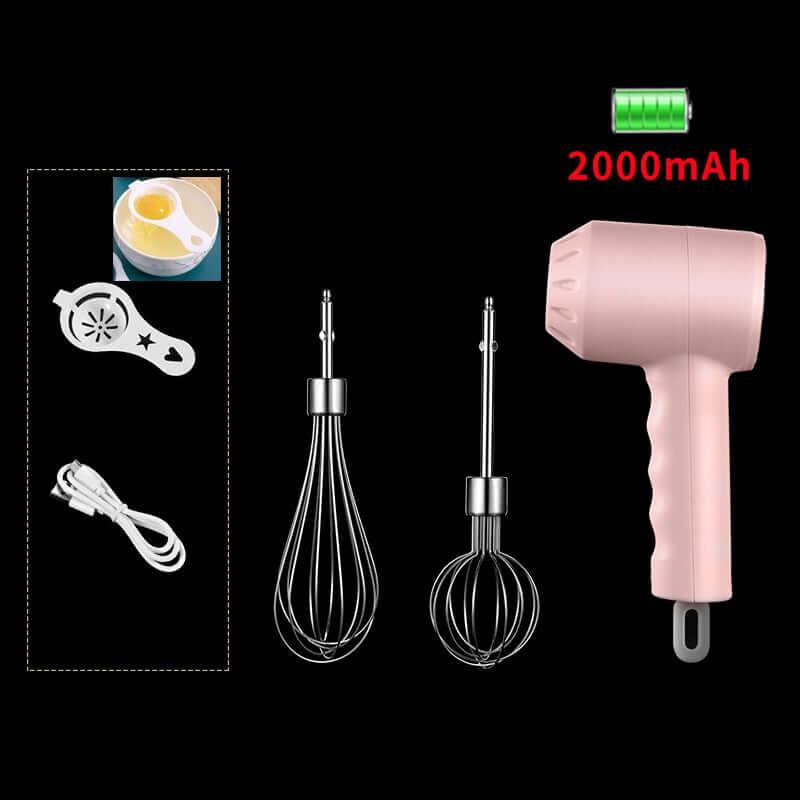 Rechargeable electric hand mixer set with pink handle, two whisks, egg separator, and USB cable