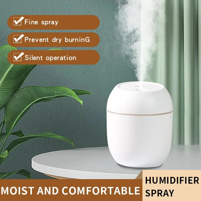 White tabletop humidifier spraying mist, with features like fine spray and silent operation displayed.