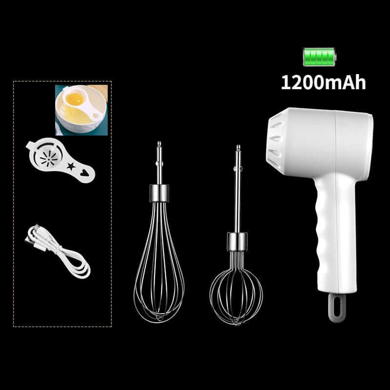Rechargeable electric hand mixer with two whisk attachments, egg separator, USB cable, shown on black background.