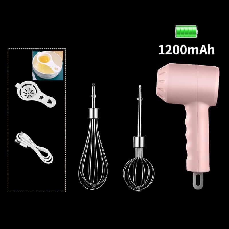 Rechargeable handheld electric whisk set with pink handle, two stainless steel beaters, egg separator, and USB cable, 1200mAh battery.