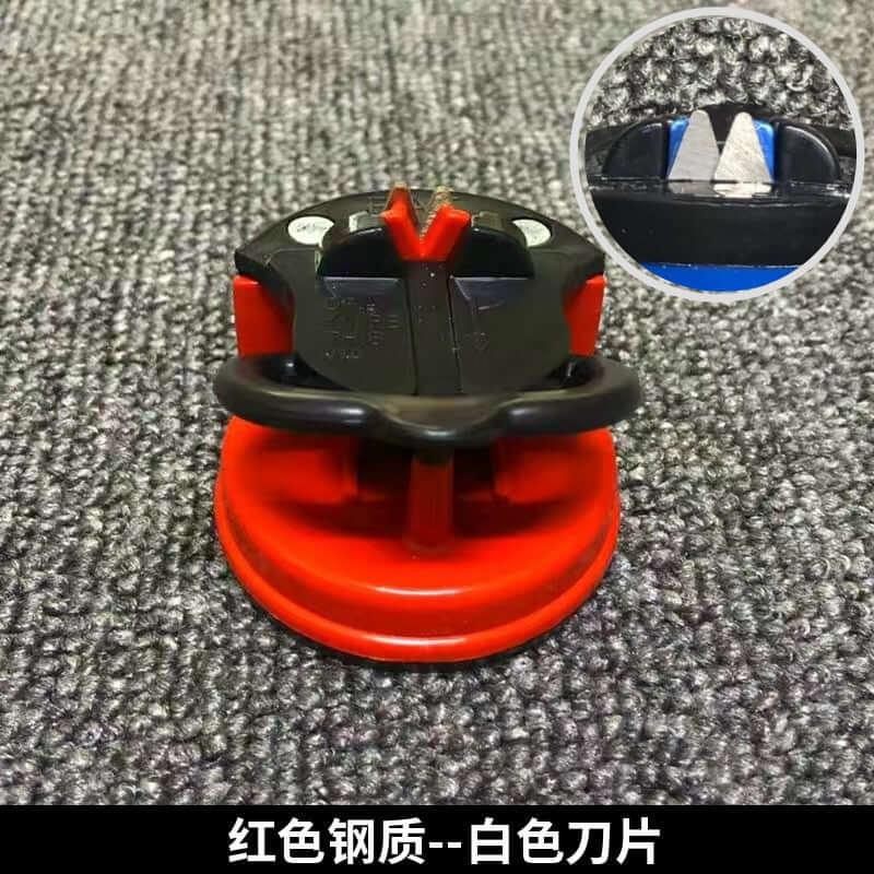 Red countertop knife sharpener with suction base and closeup of sharpening blades, kitchen accessory