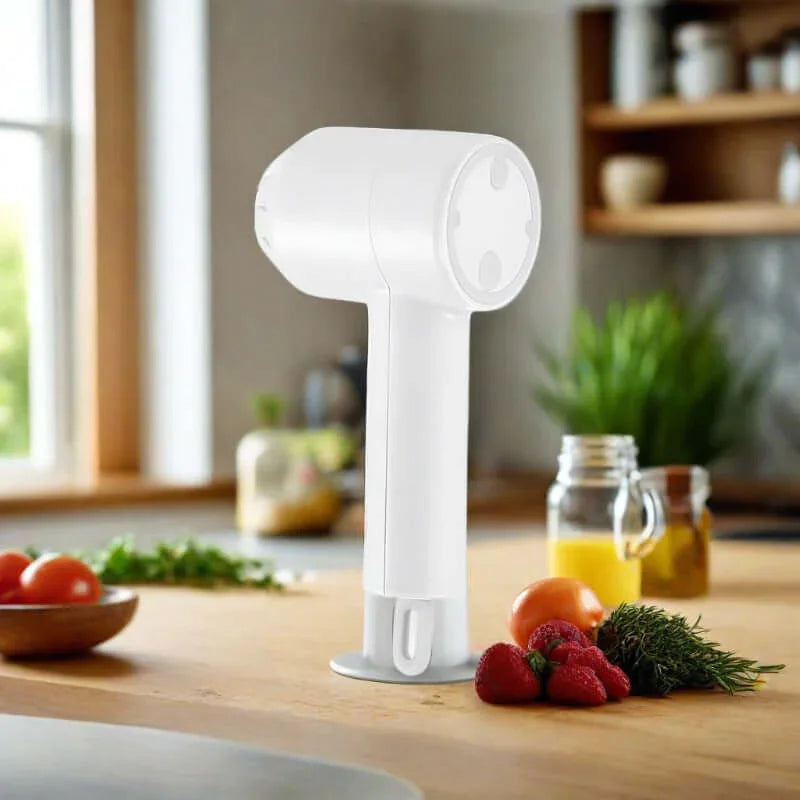 White electric handheld kitchen tool on counter with strawberries, herbs, and jars