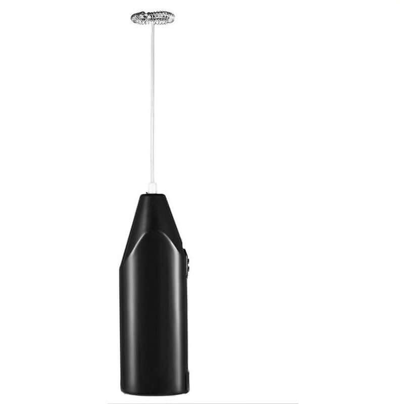 Black handheld electric milk frother with stainless steel whisk for coffee and lattes