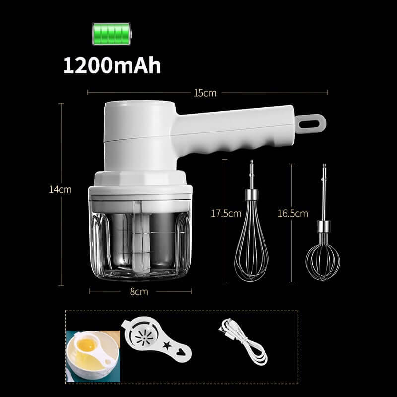 Cordless electric hand mixer with whisk attachments, glass bowl, 1200mAh rechargeable kitchen gadget