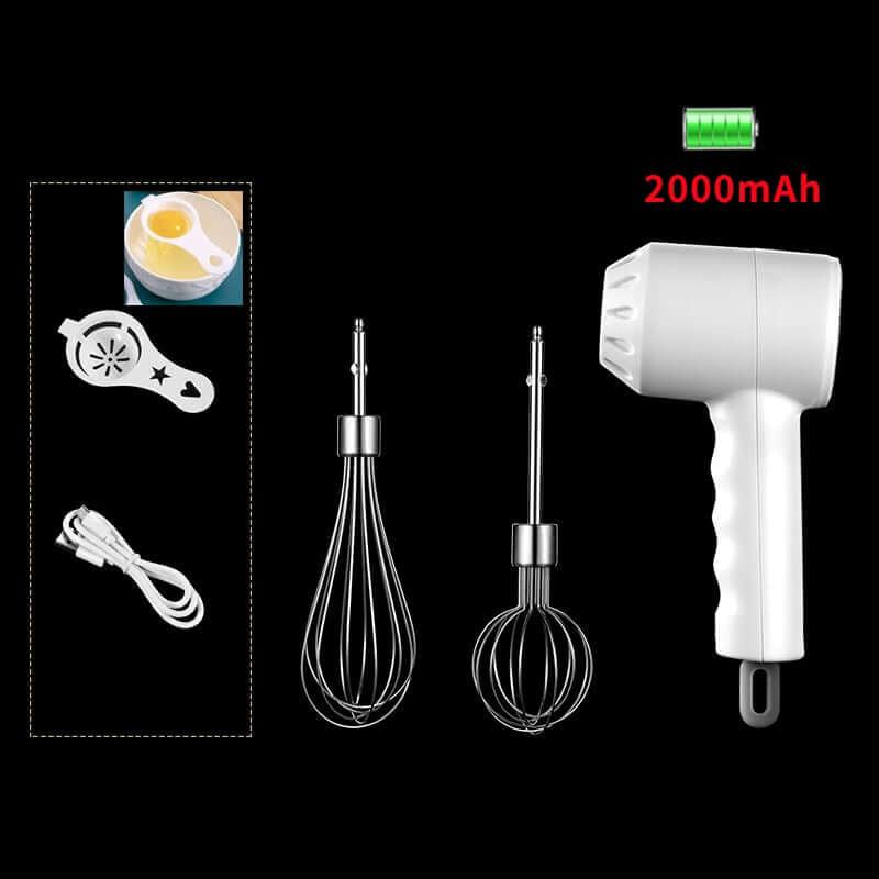 Cordless electric kitchen whisk set with battery indicator, two stainless steel whisks, egg separator, and USB charging cable on black background.