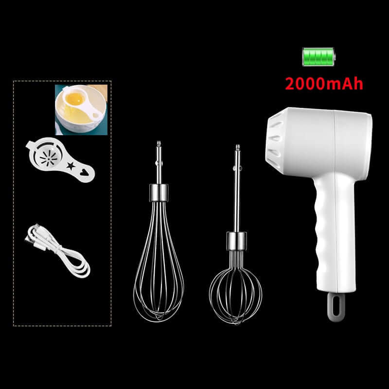 Rechargeable electric hand mixer with whisks, egg separator, and USB cable, 2000mAh battery
