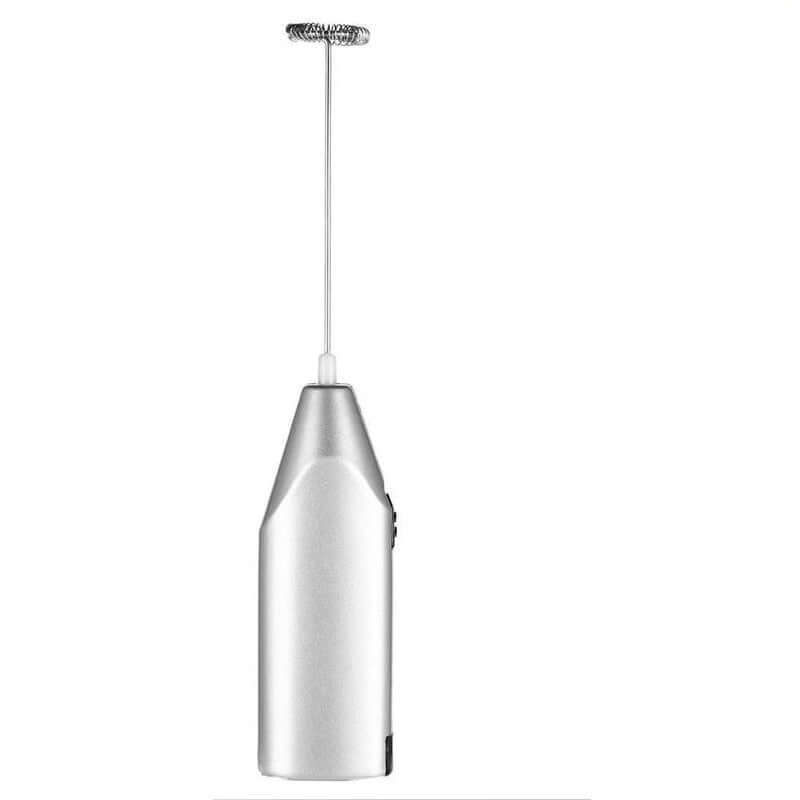 Silver handheld milk frother with stainless steel whisk on white background