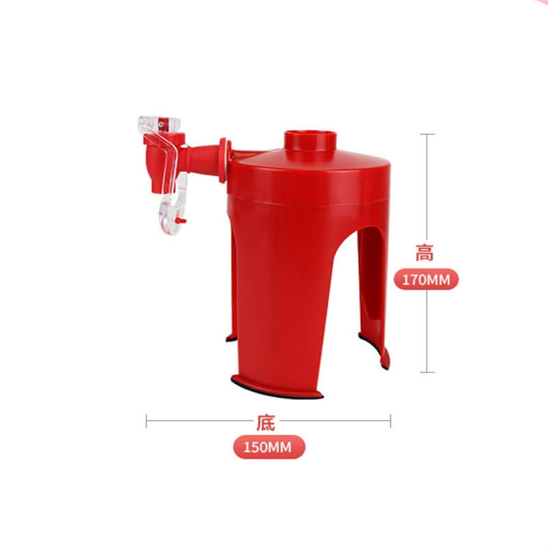 Red plastic beverage dispenser for kitchen use, with spout and size measurements shown.