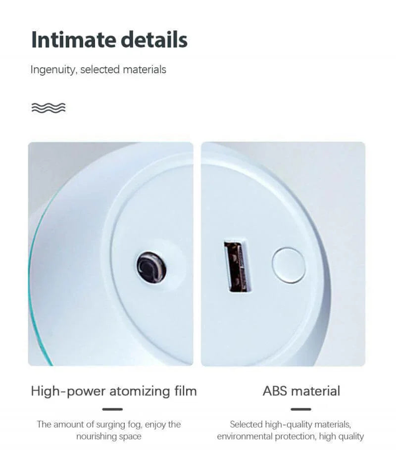 Close-up of a white kitchen accessory featuring high-power atomizing film and USB port, made from ABS material.