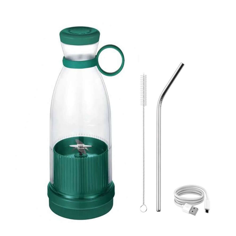 Portable green blender bottle with metal straw, cleaning brush, and USB charging cable