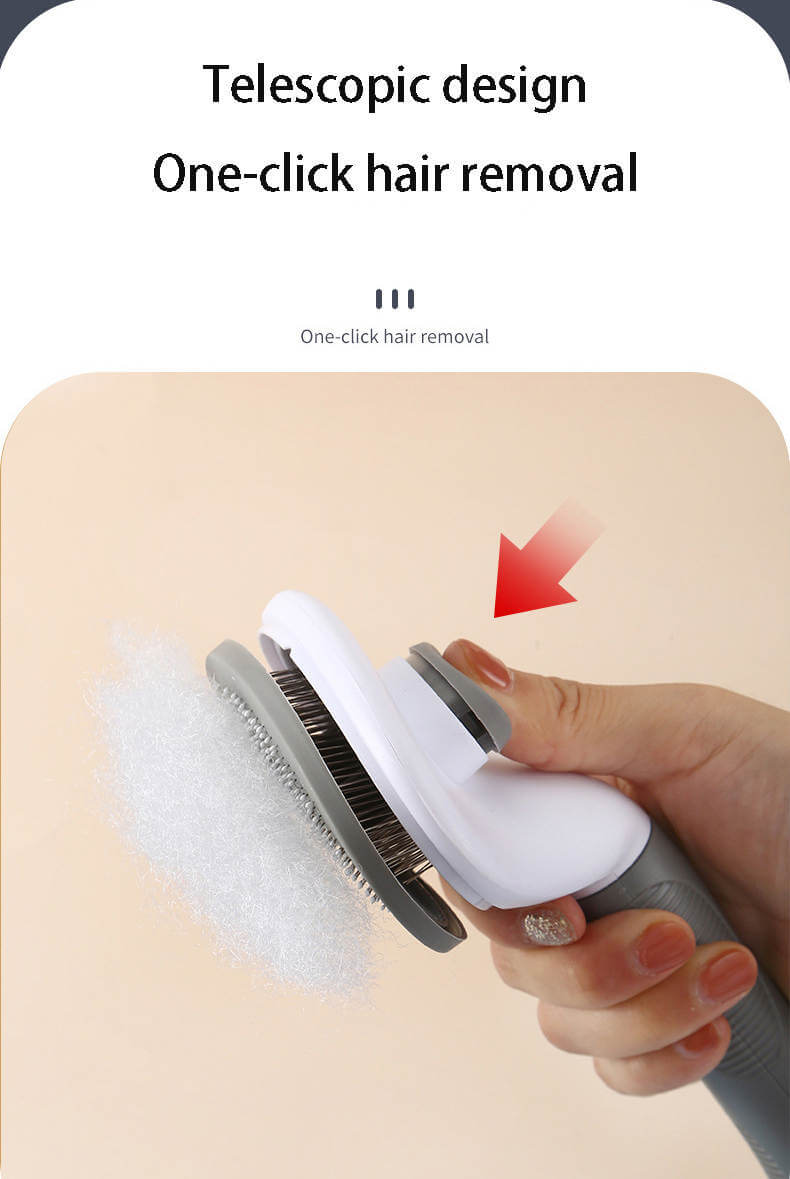 Telescopic pet grooming brush with one-click hair removal feature, shown in hand